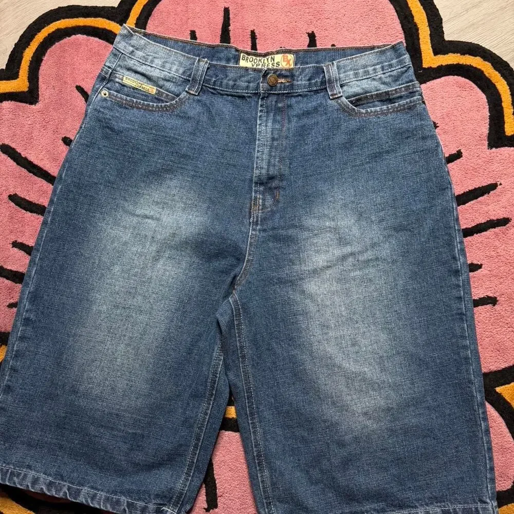 Vintage Y2K Brooklyn Express Baggy Loose Fit Stone Wash Denim Jean Short Size 36